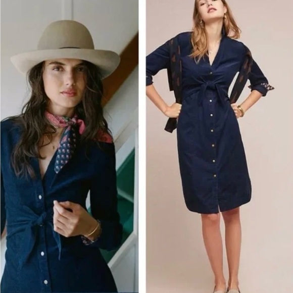 Anthropologie Maeve Navy WinchesterTie Front Corduroy Dress 0 - Picture 1 of 8